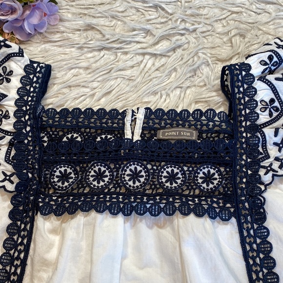 J. CREW Point Sur Eyelet Navy Crochet Trim Top sz XS - Picture 5 of 12